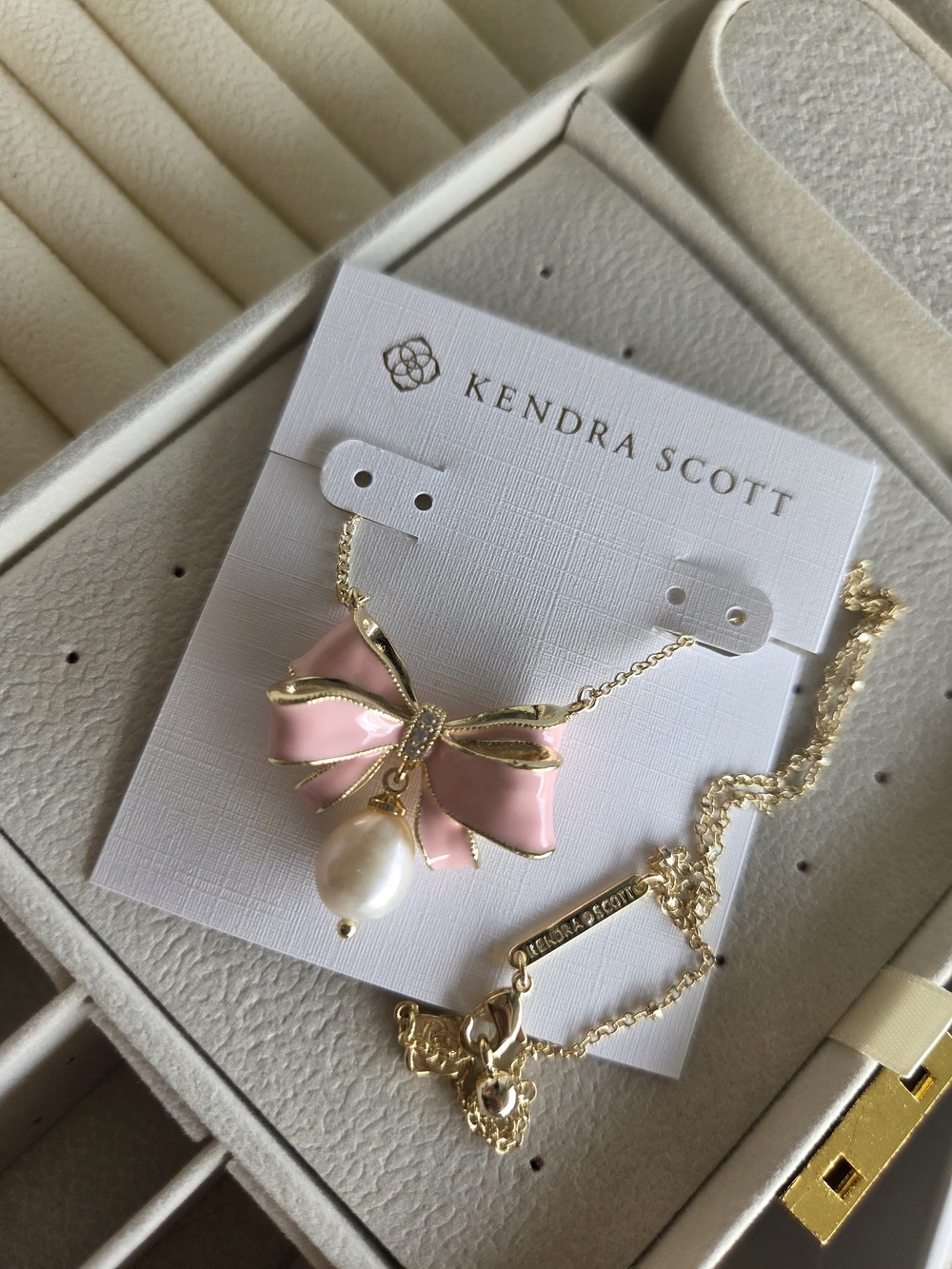 Kendra Scott Loveshackfancy Pink Enamel Bow Necklace with Pearl Drop